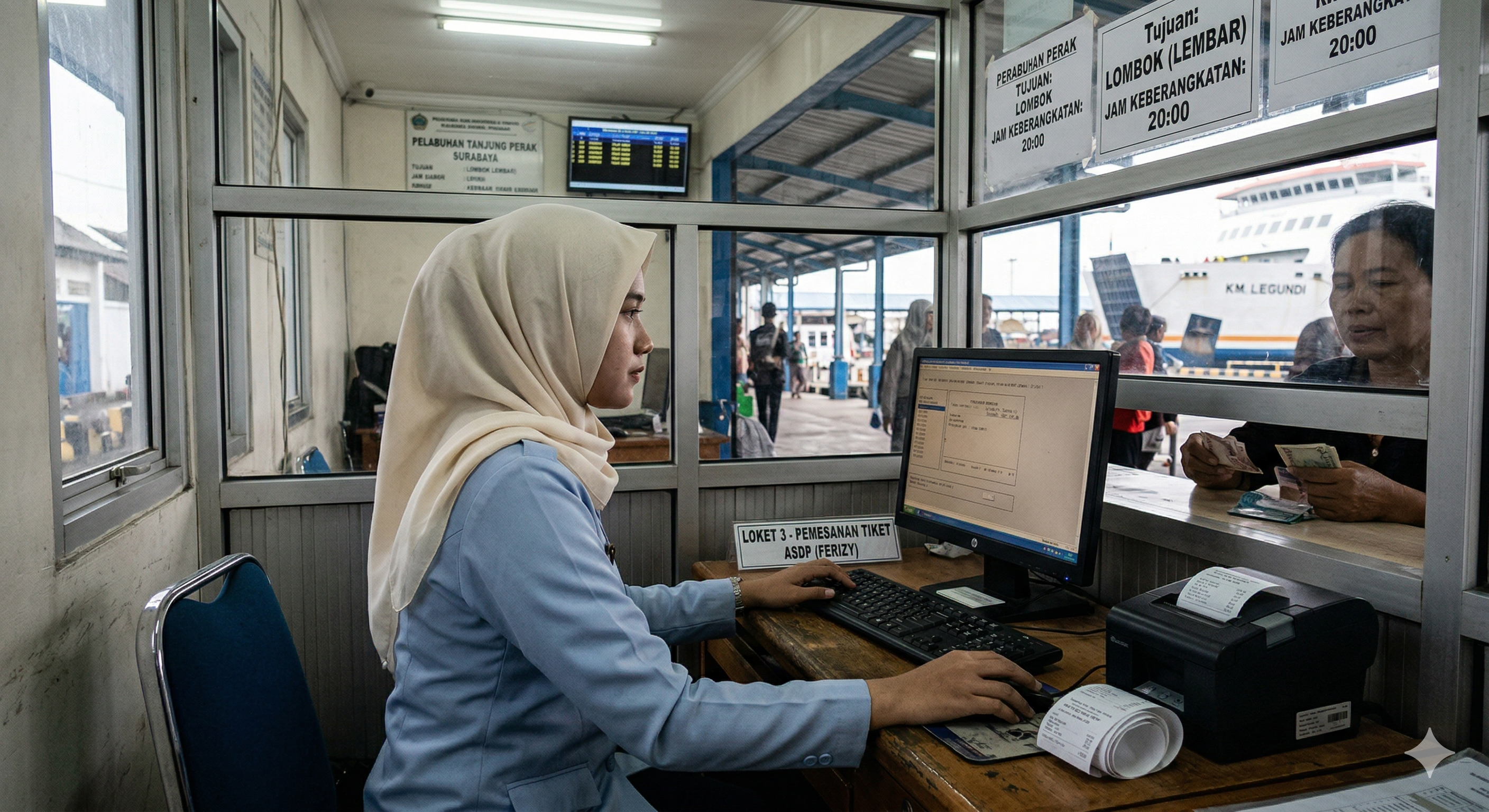 Petugas loket kapal sedang melayani pelanggan